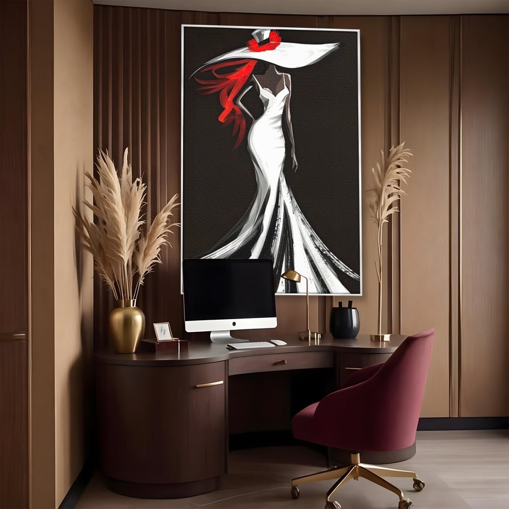 Tablou canvas cu tablou canvas cu silueta de femeie in rochie alba, in rama de aluminiu argintiu, pe perete intr-un birou
